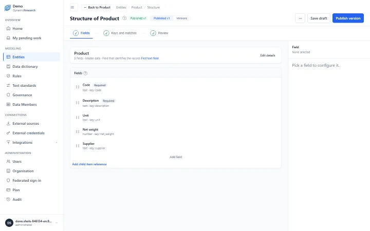 Screenshot of the structure screen of a Product entity, with the fields Code, Description, Unit, Net weight and Supplier.