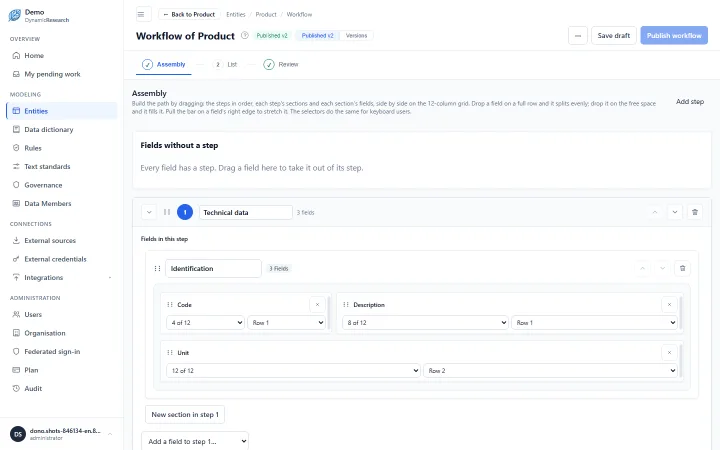 Screenshot of the workflow screen with two steps, Technical data and Purchasing data, each with its fields laid out on a grid.