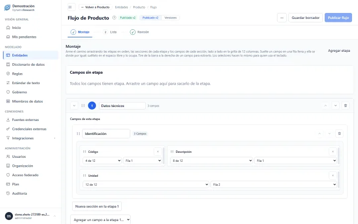Captura de la pantalla del flujo con dos etapas, Datos técnicos y Datos de compra, cada una con sus campos dispuestos en una grilla.