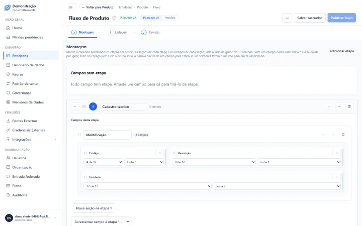 Captura da tela do fluxo com duas etapas, Cadastro técnico e Dados de compra, cada uma com os seus campos dispostos numa grade.